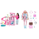 Barbie Coffret Maison de Rêve Poupée Mannequin, Design en Spirale sur 3 Niveaux, HMX10 & Poupée Extra Voyage Articulée avec Tenue Neige, Combinaison Rose à Paillettes