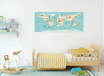 Animal Map of the World Atlas Canvas for Childrens Nursery or Bedroom 120cm Wide