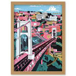 Clifton Suspension Bridge Pink and Teal Cityscape Artwork Framed Wall Art Print A4