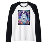 A Fantasy Wolf Surrounded by Flowers, Full Moon, Stars Raglan Baseball Tee