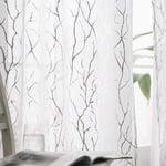 Kotile Voile Net Curtains 90 Drop - White Sheer Curtains Eyelet Top Printed with Silver Foil Branch Tree Pattern Window Curtain Panel for Bedroom, 66 x 90 Drop, 1 Pair (2 PCs)