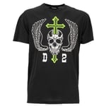 DSQUARED2 Cotton T-Shirt Logo Skull Cross Wings Print Black White Green 12420