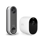 Arlo Essential Wireless Video Doorbell Security Camera and Essential Spotlight Security Camera CCTV system bundle - white