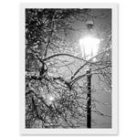 Street Lamp Paris France Winter Night Black White A4 Artwork Framed Wall Art Print