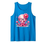 Blue Background, Cute Blue Octopus Daisy Flower Sunglasses Tank Top