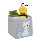 Panier de rangement en feutre, motif chat, caisse tissu pour enfant, HxLxP : 33x34x32 cm, coffre jouets, gris - Relaxdays