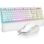 [Clearance] RedThunder K10 Wired WHITE Gaming Keyboard and Mouse Combo - UK Layout, RGB Backlight, Soft Leather Wrist Rest, Mechanical Feel Ergonomic Anti-Ghosting
