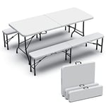 VOUNOT Folding Table Bench Set Trestle Portable Party Picnic BBQ Camping Set With Metal Frame Indoor Outdoor Garden, White