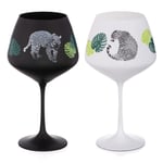 Black and White Gin Glasses -"Jungle Leaves" - Painted Crystal Gin Copa Glasses Pair - Set of 2