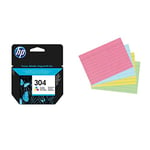 HP 304 Tri-color Original Ink Cartridge (N9K05AE) &Herlitz A6 Ruled Record Card - Assorted Colours (200 Pieces)