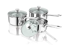 Penguin Home® Saucepan Sets 16cm, 18cm & 20cm | Stainless Steel Sauce Pan Sets with Induction Hob & Glass Lid | Double Pouring Lips | Cookware Set | Cooking Pots & Pans
