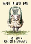 Funny Fathers Day Card Ride-On Lawnmower– Humorous Quirky Sheep Greeting Card