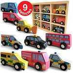 Wooden Toy Cars - Set of 9 | Includes Kids Police Vehicle, London Bus,