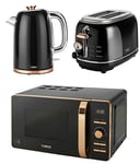 TOWER Kitchen Appliance Retro Stylish Set - ROSE GOLD & BLACK Digital 20 Litre Microwave, ROSE GOLD & BLACK 1.7 Litre Jug Bottega Kettle & ROSE GOLD & BLACK Bottega 2 Slice Toaster