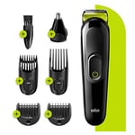 Braun 6-in-1 All-in-one Trimmer 3 MGK3221, Beard Trimmer for Men, Hair Clipper and Face Trimmer with Lifetime Sharp Blades, Ear & Nose Trimmer Head, 5 Attachments, Black/Volt Green