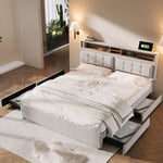 Lit double capitonné 160x200cm avec 4 tiroirs, tête de lit avec prise de charge USB-C, sommier à lattes en bois massif, lit adulte en lin - Beige