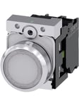 Siemens Lystrykknap, 22 mm, rund, metal, skinnende, hvid, flad, momentan kontakt type, med holder, 1no, led modul, med integreret led 24v