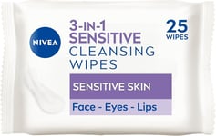 NIVEA 3in1 Sensitive Cleansing Wipes (25 Wipes), Plant-Based Makeup Remover Wipe