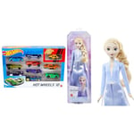 Hot Wheels Toy Cars & Trucks in 1:64 Scale, Set of 10, Multipack of Die-Cast Race or Police Cars & Disney Frozen Elsa Doll, Frozen Elsa in Signature Clothing, Collectible Fashion Doll