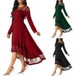 Women Elegant Solid Color Lace Embroidery Dress Long Winered 4xl