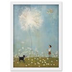 Chasing the Giant Dandelion Dream Artwork Giant Wish Oil Painting Kids Bedroom Child and Pet Dog in Daisy Field Artwork Framed Wall Art Print A4