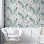 Elegant Keeka Peacock Wallpaper Metallic Floral Leaves Exotic Birds 923708 Blue