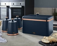 NEW Bread Bin Canisters Set Midnight Blue & Rose Gold Tea Coffee Sugar Storage 