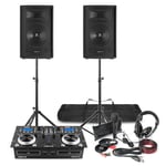 VONYX Home DJ Setup 12" PA Speakers, Twin CD Mixer with Stands, Microphone and Headphones Kit - Full Starter Set
