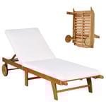 GIANTEX Transat Jardin Extérieur en Bois d'Eucalyptus, Chaise Longue Jardin Extérieur à roulettes avec Dossier Réglable, Chaise Longue Pliante Coussin Amovible, Charge 160 KG