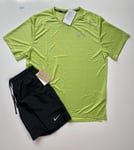 Nike Miler 1.0 T Shirt + Brief Lined 7” Shorts Gym Running Set Green Black Large