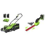 Greenworks 2x24V Mower 36cm Cutting Up to 250m² Width with 40L Grass Catcher and 5-Fold Central Cutting Height Adjustment + 2-in-1 Shear-shrubber and Grass Trimmer + 2x24V 2Ah Battery + Charger