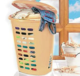 A406 Large Plastic Rattan Laundry Basket Clothes Hamper Linen Storage Lidded Bin Box Laundry Supplies Holder Tidy (T-Beige)