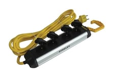 Stanley - Bloc multiprise, 4 prises schuko (type f), 4 clapets, 5 m, 3G1.5, usage intérieur et extérieur, noir/jaune/argent