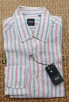 New Hugo BOSS mens white pink striped regular fit linen casual suit shirt SMALL