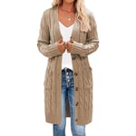 Dam långärmad kabelstickad lång kofta Öppen främre tröja med knappar Ytterkläder Khaki 3XL