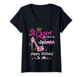 Womens Queen was Born in September Cute Funny Happy Birthday Gift V-Neck T-Shirt
