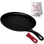 Cast Iron Round Griddle Pan - 10.5"-inch / 26.67cm Flat Skillet Crepe Maker + Silicone Handle Cover - Pre-Seasoned Oven Safe Cookware - Indoor/Outdoor - Grill, Stove Top and Induction Safe