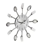 relaxdays Horloge Murale Couverts, Montre de Cuisine cuillères & fourchettes, Ø 31 cm, métal, à Pile, sans Bruit, Argent