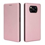 HAOTIAN Case for Xiaomi Poco X3 NFC/Poco X3 Pro Flip Wallet Cover with [Card Slots], Anti-Scratch Carbon Fiber PC + Shockproof TPU Inner Protective + Ring Stand Holder. Rose