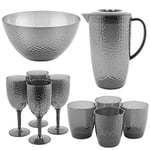 Cambridge COMBO-8597 Fete Party Serving Set with Jug, Tumblers, Wine Glasses, and Bowl, Diamond Design, 10 Piece Set, BPA Free Plastic Cups for Outdoor Use, Holiday Homes & Camping/Caravans, Grey