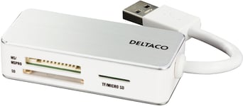 Deltaco USB 3.0 minneskortläsare 3 fack SDHC, Micro-SD, TF, MS Pro, Duo, vit/silver för minst Mac OS X 60gr 67x29x16mm