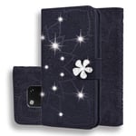 XUAILI Smartphones Leather Case Calf Pattern Diamond Mandala Double Folding Design Embossed Leather Case Wallet Holder Card Slots, for Huawei Mate 20 Pro (Color : Black)