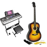 RockJam RJ761 61 Key Keyboard Piano with Keyboard Bench, Digital Piano Stool, Sustain Pedal and Headphones & Martin Smith Acoustic Guitar with Guitar Strings, Guitar Plectrums & Guitar Strap