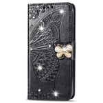 OPPO A53 / A33 / A53S Phone Case, Cute Glitter Bling Shockproof Folio Flip PU Leather Wallet Cover Butterfly with Stand Silicone Bumper Case for OPPO A53 / A33 / A53S Case Girls, Black