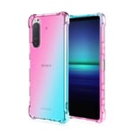 HAOTIAN Case for Sony Xperia 5 II Case, Gradient Color Ultra-Slim Crystal Clear Anti Smudge Silicone Soft Shockproof TPU + Reinforced Corners Protection Phone Cover (Pink/Green)