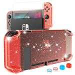 HEYSTOP Case Compatible with Nintendo Switch Dockable, Protective PC Cover Compatible with Nintendo Switch and Joy Con Controller with a Switch Screen Protector and 4 Thumb Stick Caps (Red Glitter)