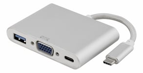 DELTACO PRIME USB-C till VGA och USB A, USB-C port för laddning, silver