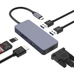 Hub USB C Adaptateur Triple Affichage, 6 in 1 Dock USB Type C Double Écran (2 * USB 3.0, HDMI, VGA, SD/TF) Compatible avec Windows 10,8,7,XP/Mac OS/Linux/Vista