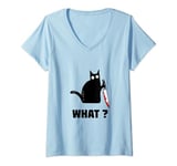 Womens Cat What? Funny black Cat merch, Murderous Cat with Knife V-Neck T-Shirt