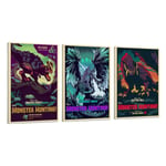HUAIREN Monster Hunter Retro Game Posters - Set of 3 Gamer Room Decor Gifts Vintage Poster Prints Canvas Wall Art For Room Decor Family Bedroom Bathroom Aesthetic Poster 16x24inch(40x60cm)-3pcs